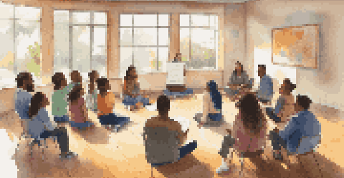 A diverse group of parents, teachers, and students engaged in a lively community dialogue in a well-lit room, with a flip chart displaying colorful notes.