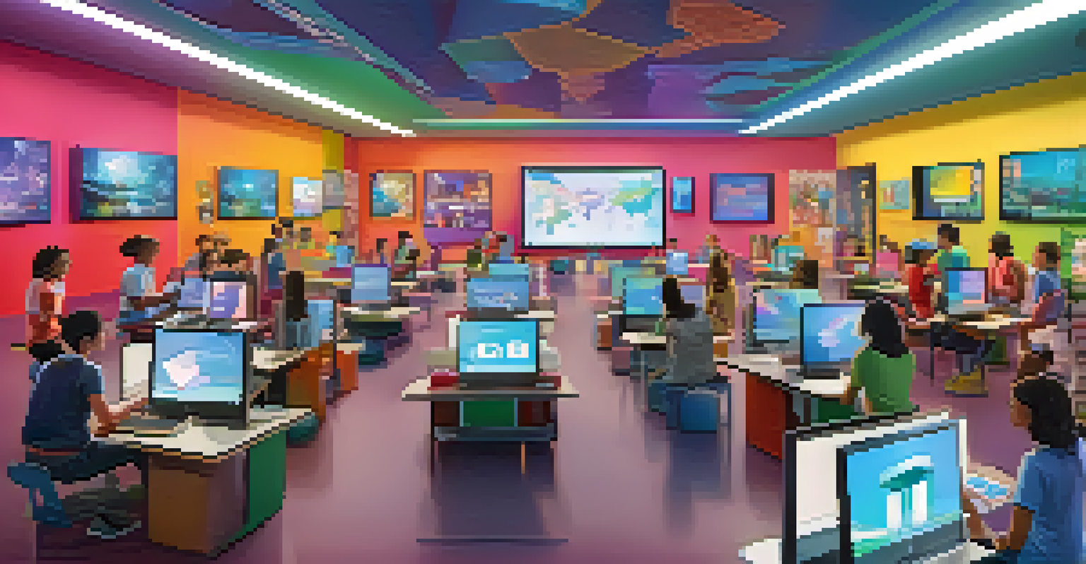 A virtual classroom with students using digital devices, showcasing a bright and colorful environment focused on personalized learning.