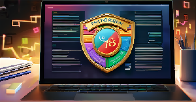 A colorful digital badge on a computer screen with notes and a laptop, illuminated by soft ambient light.