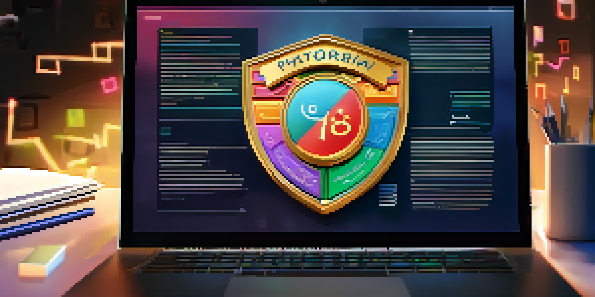 A colorful digital badge on a computer screen with notes and a laptop, illuminated by soft ambient light.