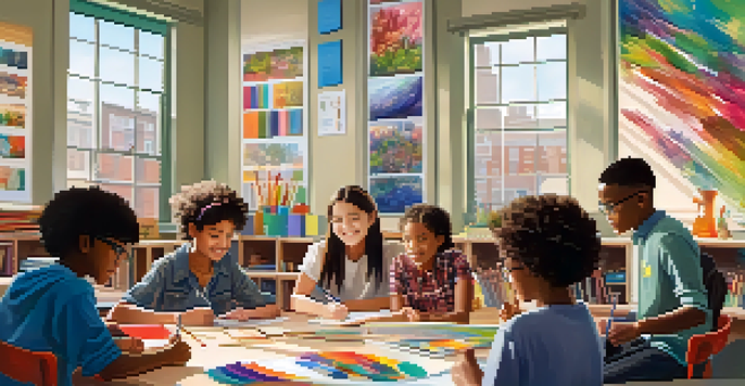 A diverse group of students working together on a project in a bright classroom, surrounded by art supplies and technology.
