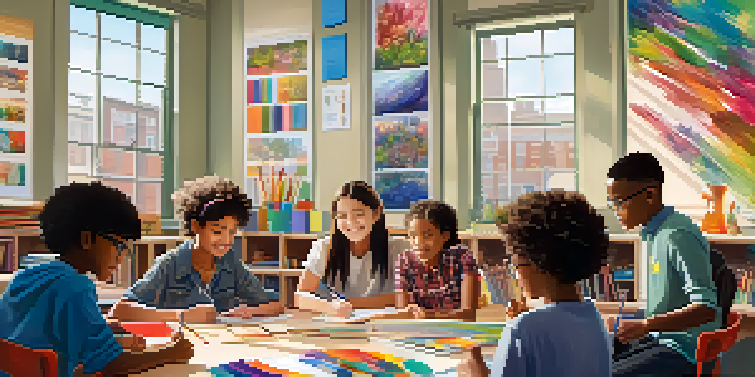 A diverse group of students working together on a project in a bright classroom, surrounded by art supplies and technology.