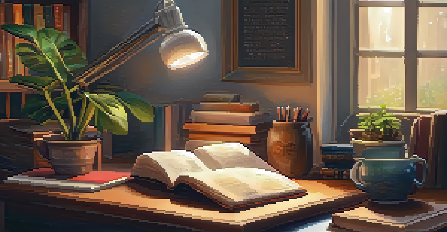 A cozy room with a person journaling at a wooden desk, surrounded by warm lighting and personal items that encourage reflection.