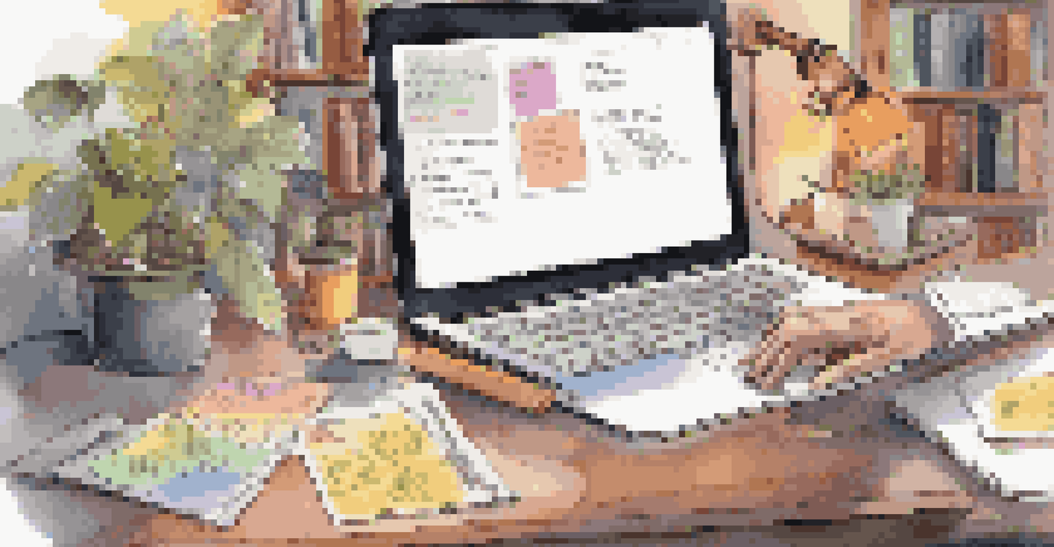 Close-up of hands typing on a laptop, with colorful sticky notes and a coffee cup on the desk, in a cozy study environment.