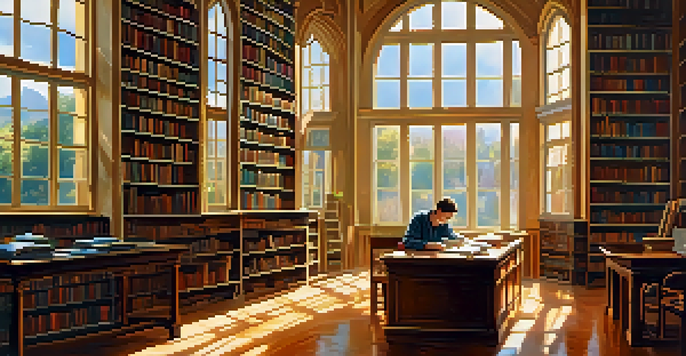 A person reading a science fiction novel in a sunlit library surrounded by bookshelves and a globe.