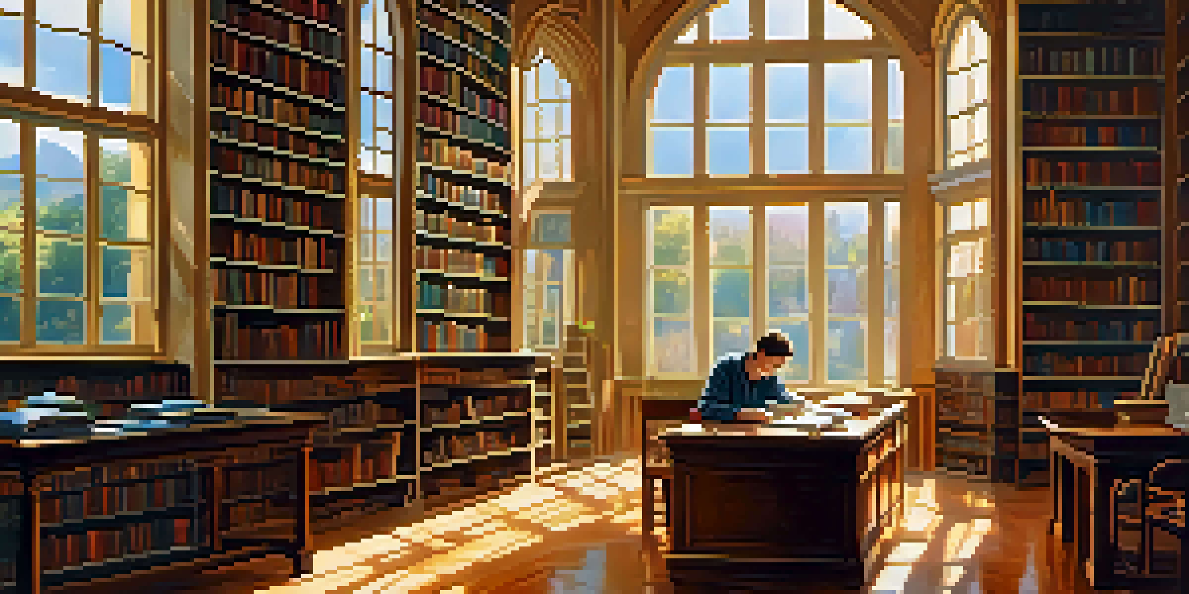 A person reading a science fiction novel in a sunlit library surrounded by bookshelves and a globe.