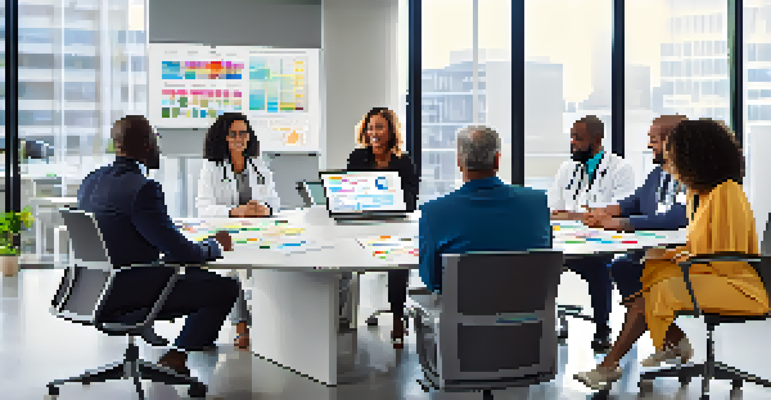 A diverse group of healthcare professionals collaborating in a conference room, with laptops and documents on the table, and colorful charts on a whiteboard.