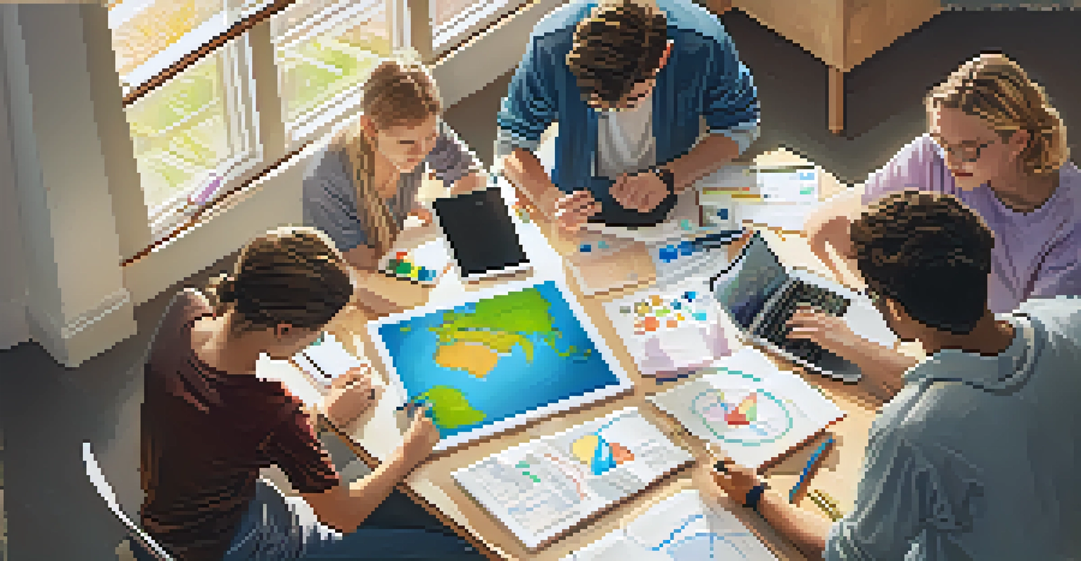 An aerial view of students engaged in a group project with laptops and colorful materials, highlighting teamwork and collaboration.