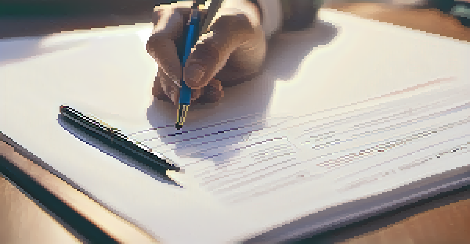 A close-up of a hand holding a pen over a survey form in a cozy study environment.