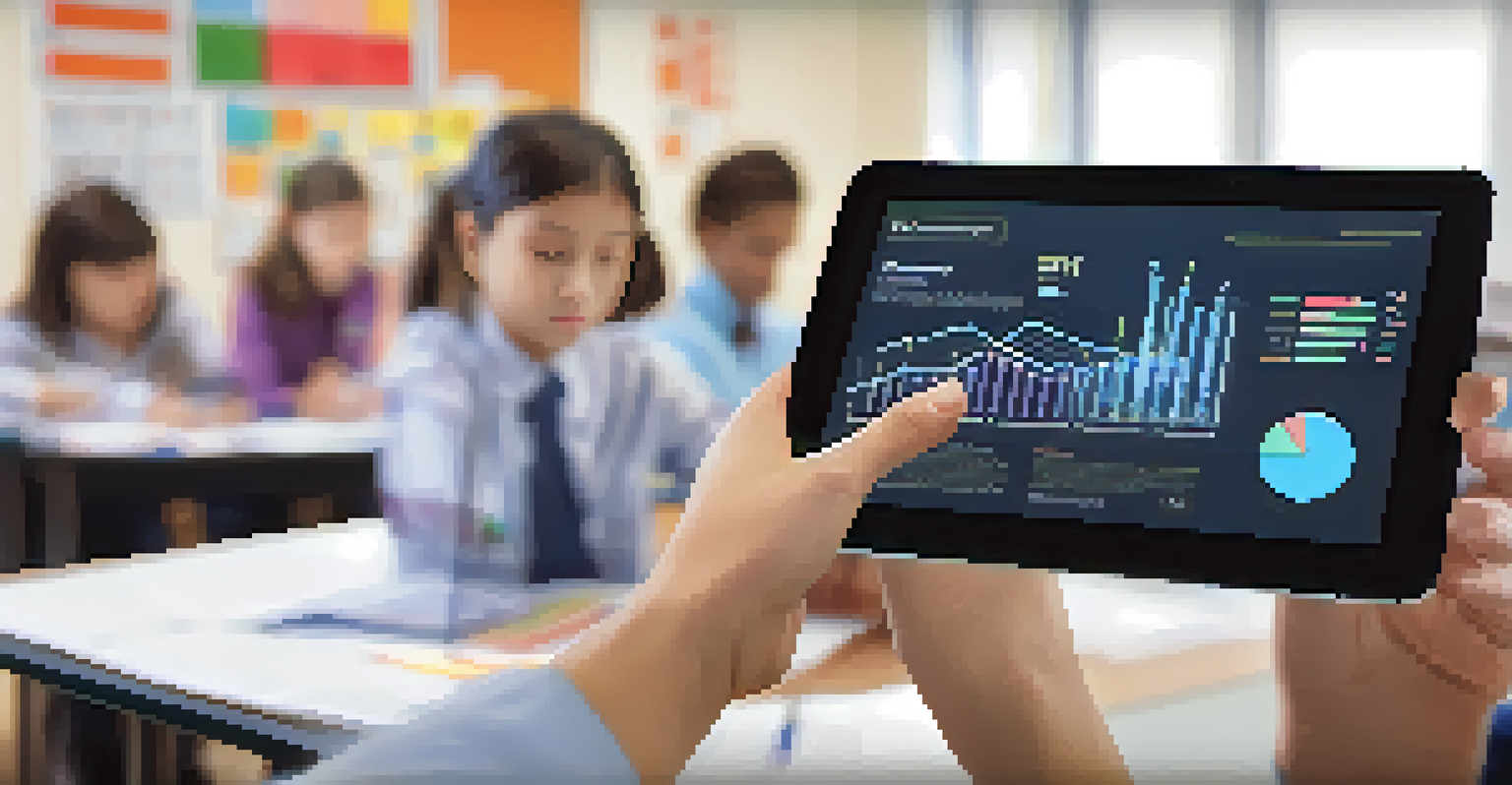 A close-up of hands holding a tablet showing educational data analytics in a classroom setting.