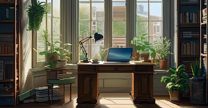 A cozy study space with a wooden desk, an open laptop, books, and plants, warmly lit by a vintage lamp.