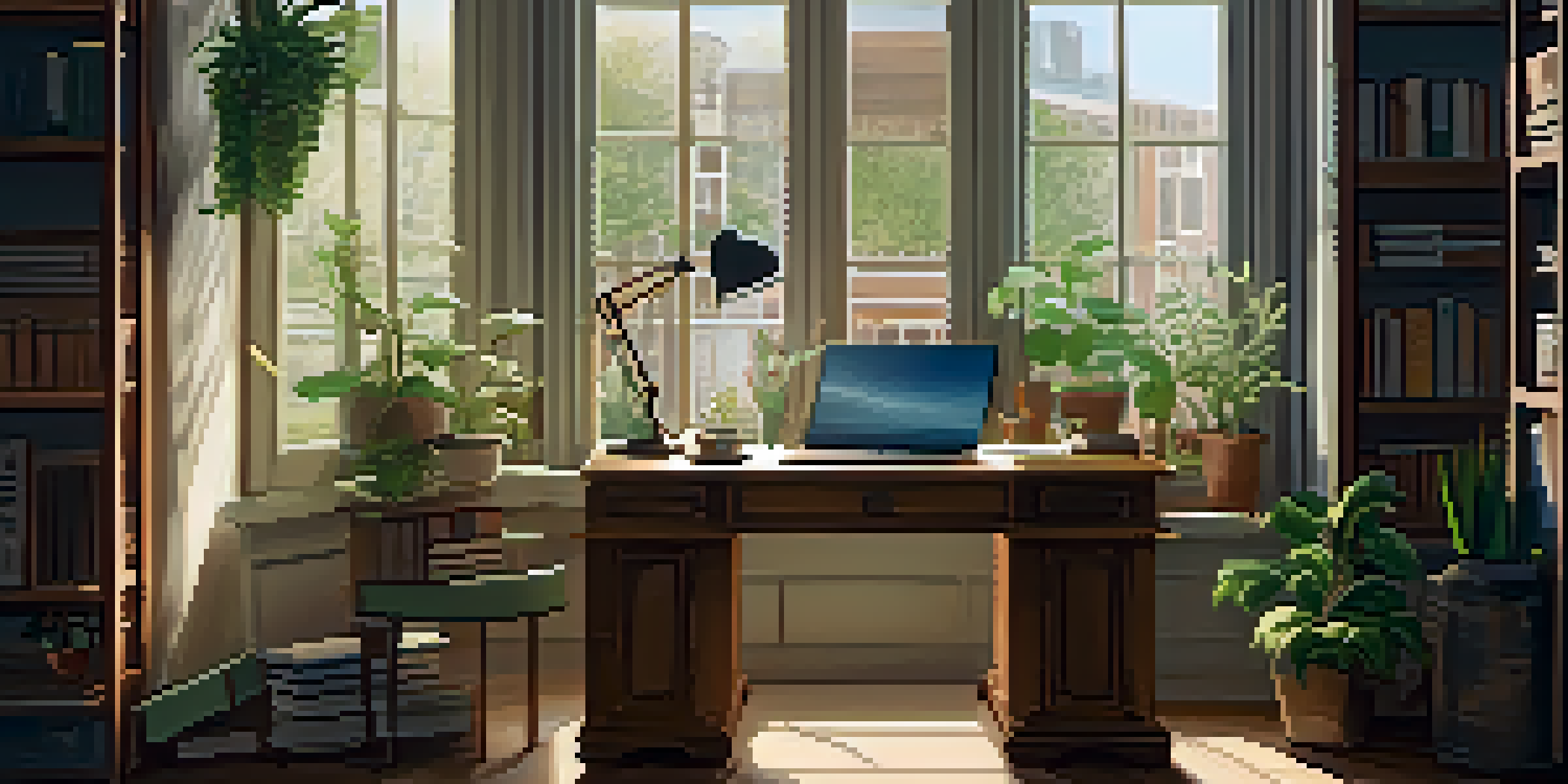 A cozy study space with a wooden desk, an open laptop, books, and plants, warmly lit by a vintage lamp.