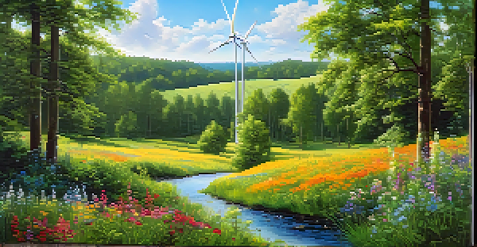 A peaceful forest scene with colorful wildflowers, a clear sky, and a wind turbine in the background, illustrating the balance between nature and sustainable energy.