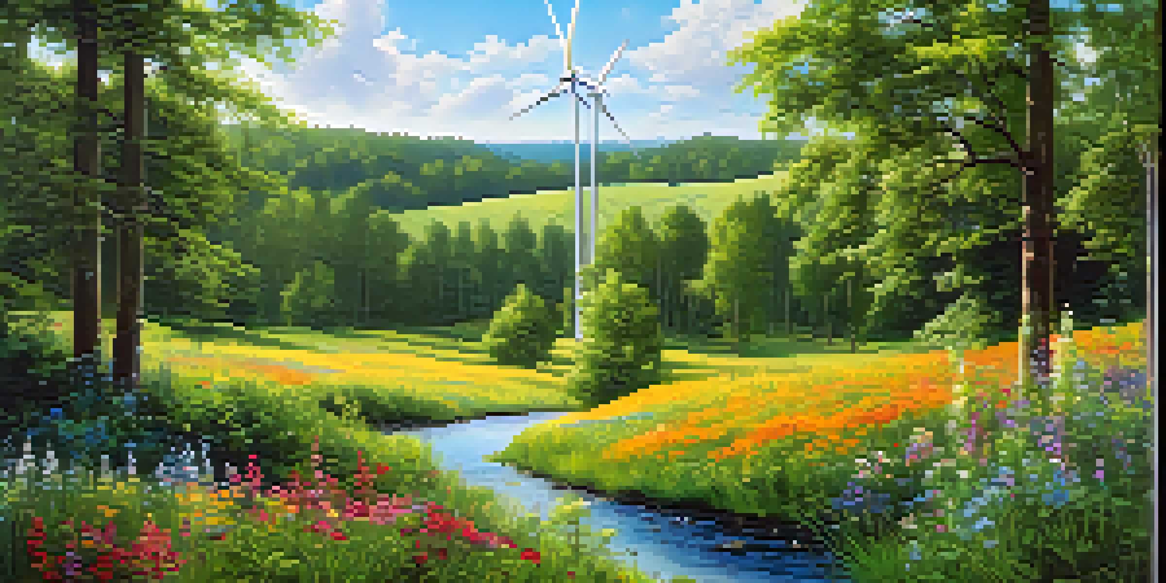 A peaceful forest scene with colorful wildflowers, a clear sky, and a wind turbine in the background, illustrating the balance between nature and sustainable energy.