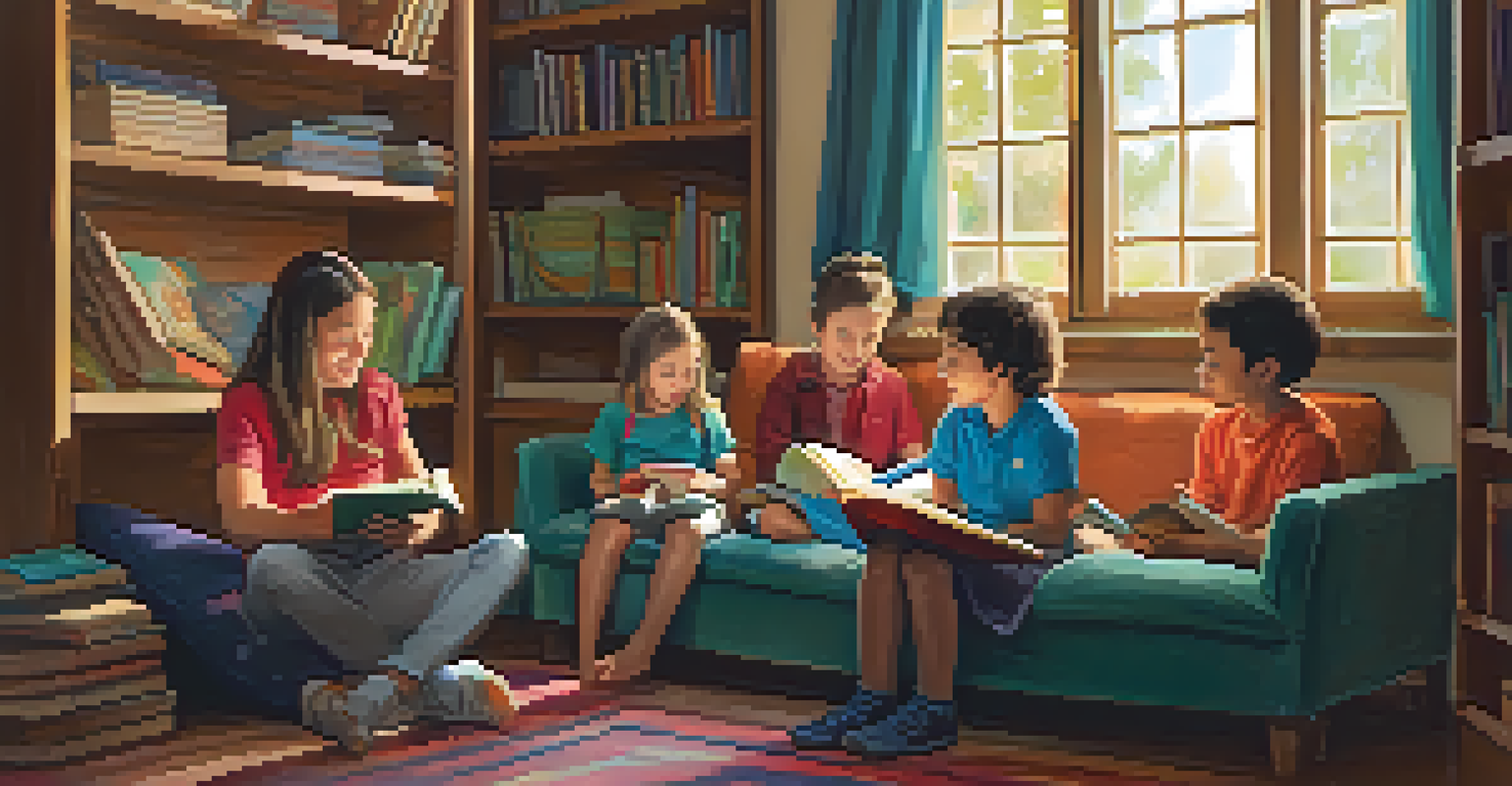 A cozy reading nook with a teacher reading to captivated students, surrounded by colorful cushions and bookshelves.