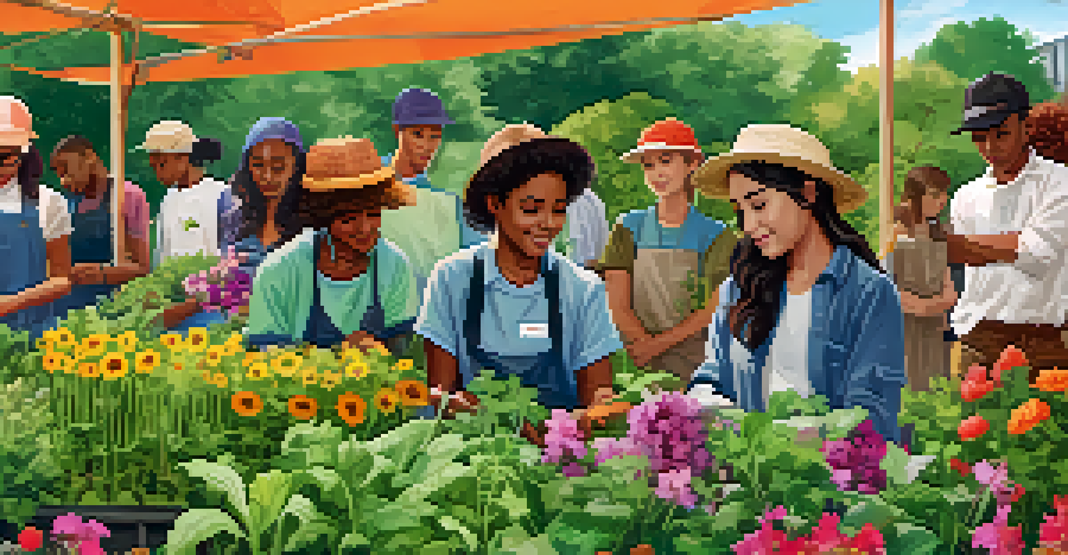 High school students planting vegetables in a community garden, engaged in discussion about sustainability, surrounded by greenery and flowers.