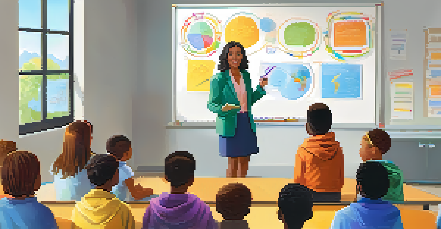 A teacher explaining a lesson at a whiteboard to attentive students in a bright, colorful classroom.