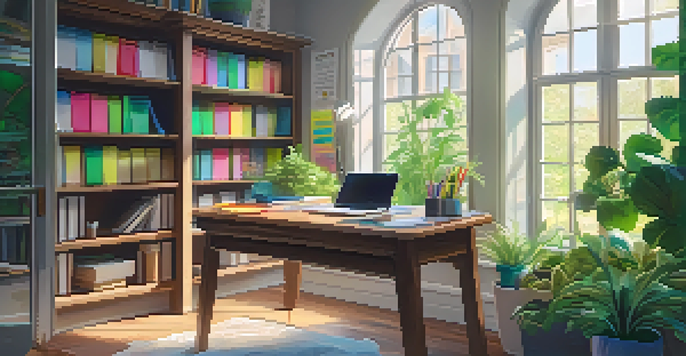 A peaceful study area with a laptop, textbooks, sticky notes, and plants under natural light.