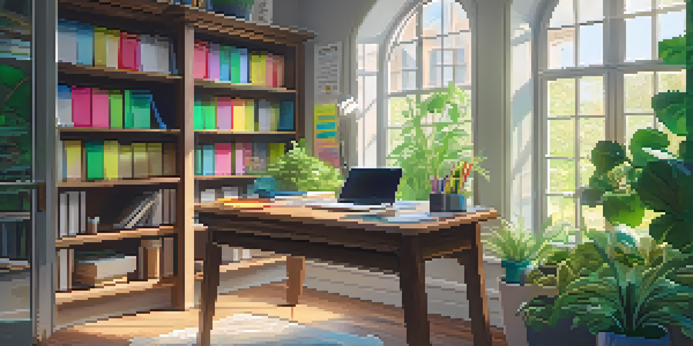 A peaceful study area with a laptop, textbooks, sticky notes, and plants under natural light.