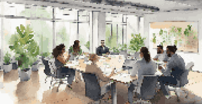 A diverse group of educational entrepreneurs discussing ideas in a modern conference room with laptops and notes.