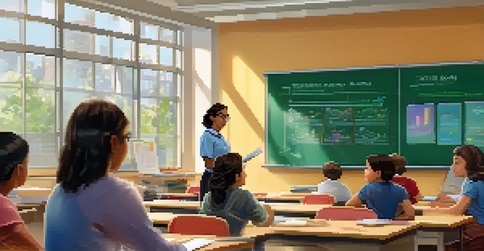 A modern classroom with a teacher using AI tools, engaged students, and colorful educational posters.
