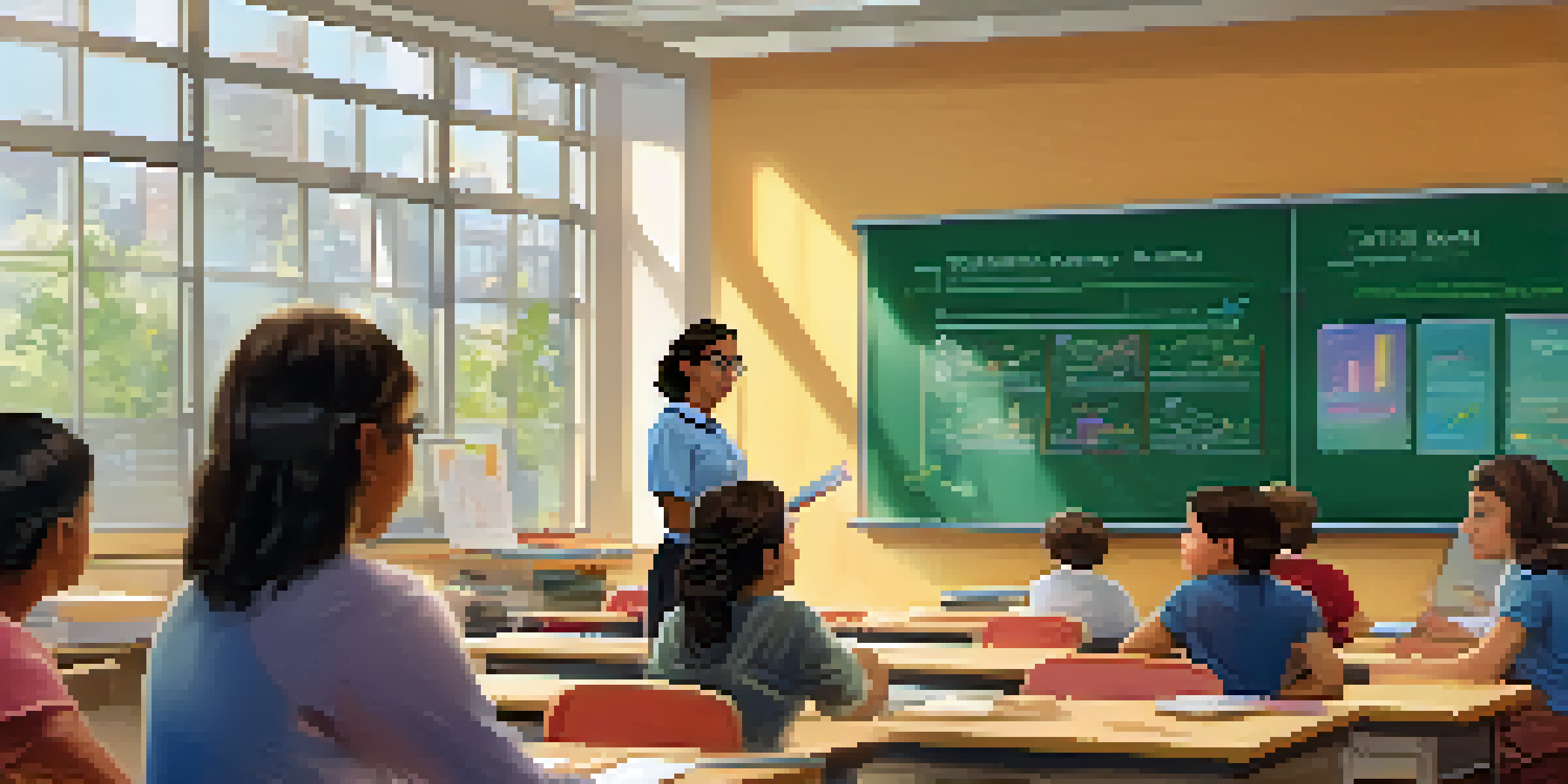 A modern classroom with a teacher using AI tools, engaged students, and colorful educational posters.