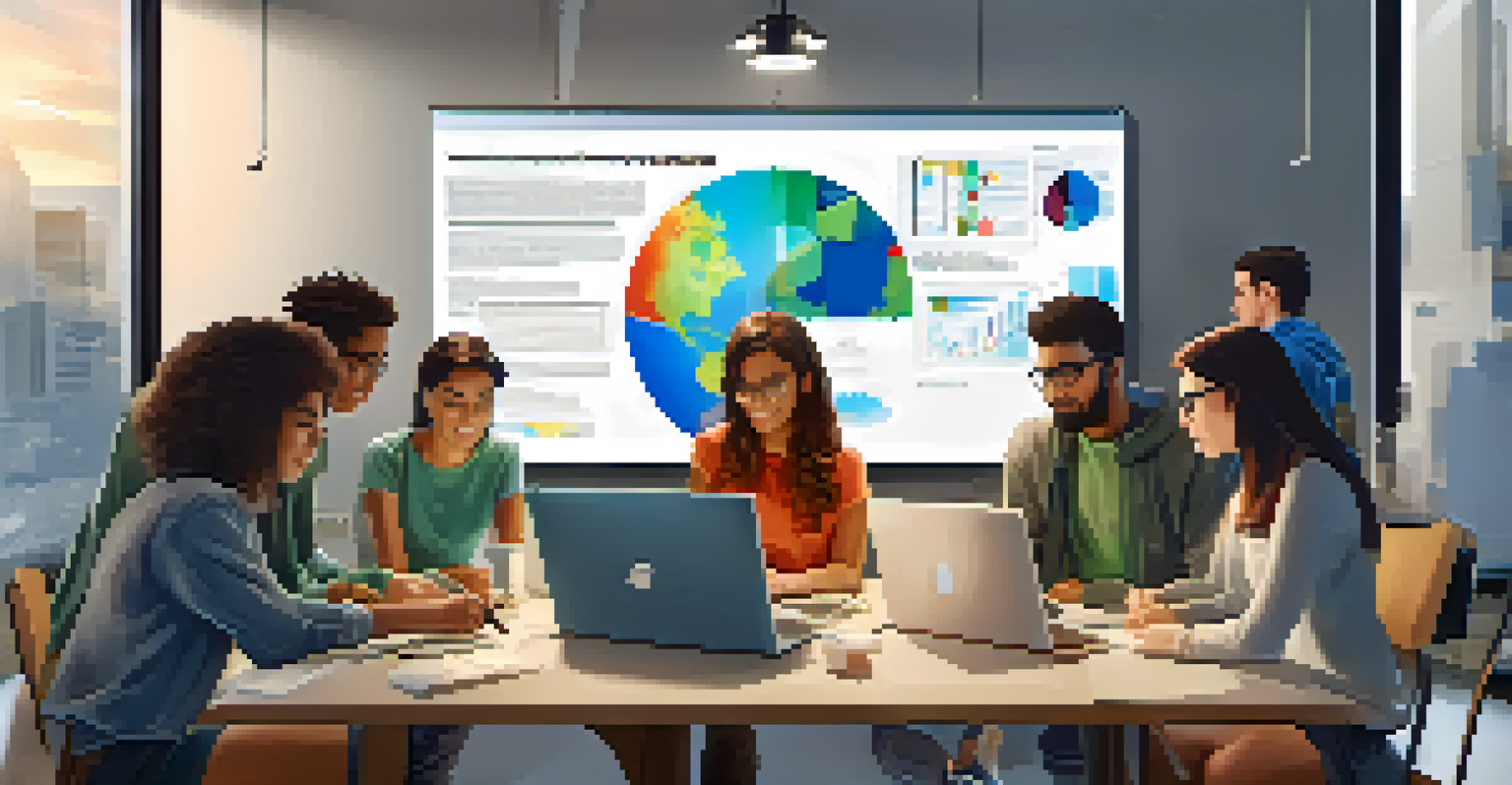 Students collaborating on a multimedia presentation, surrounded by laptops and tablets, with a large screen showing their work.