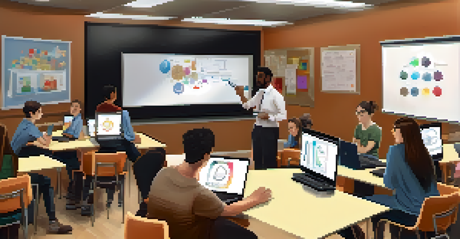 A teacher guiding students using laptops in a modern classroom with digital tools and a whiteboard.