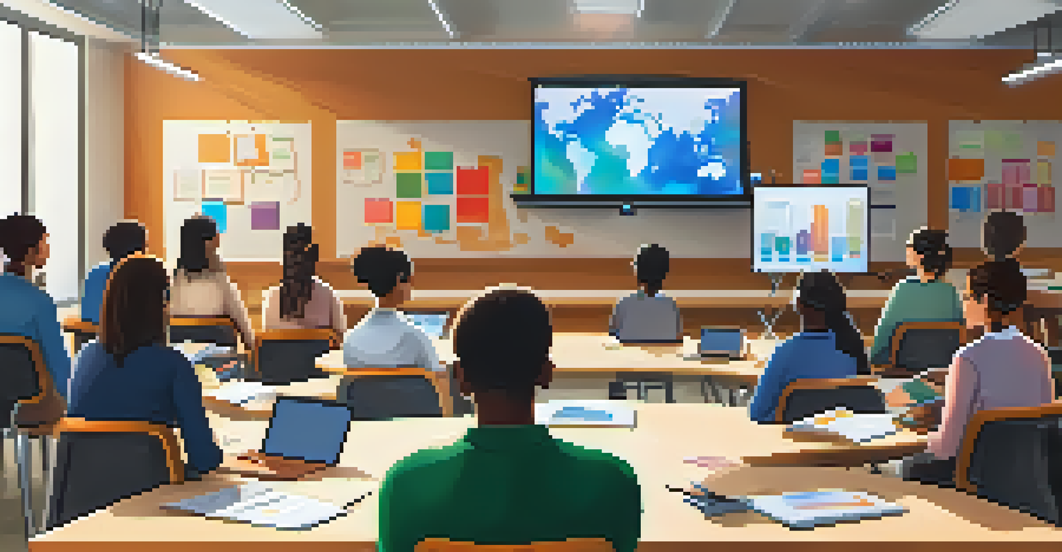 A group of teachers participating in a workshop about blended learning, with a projector screen displaying educational content.