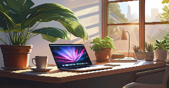 A warm and inviting home office with a laptop on a desk, surrounded by plants and books.