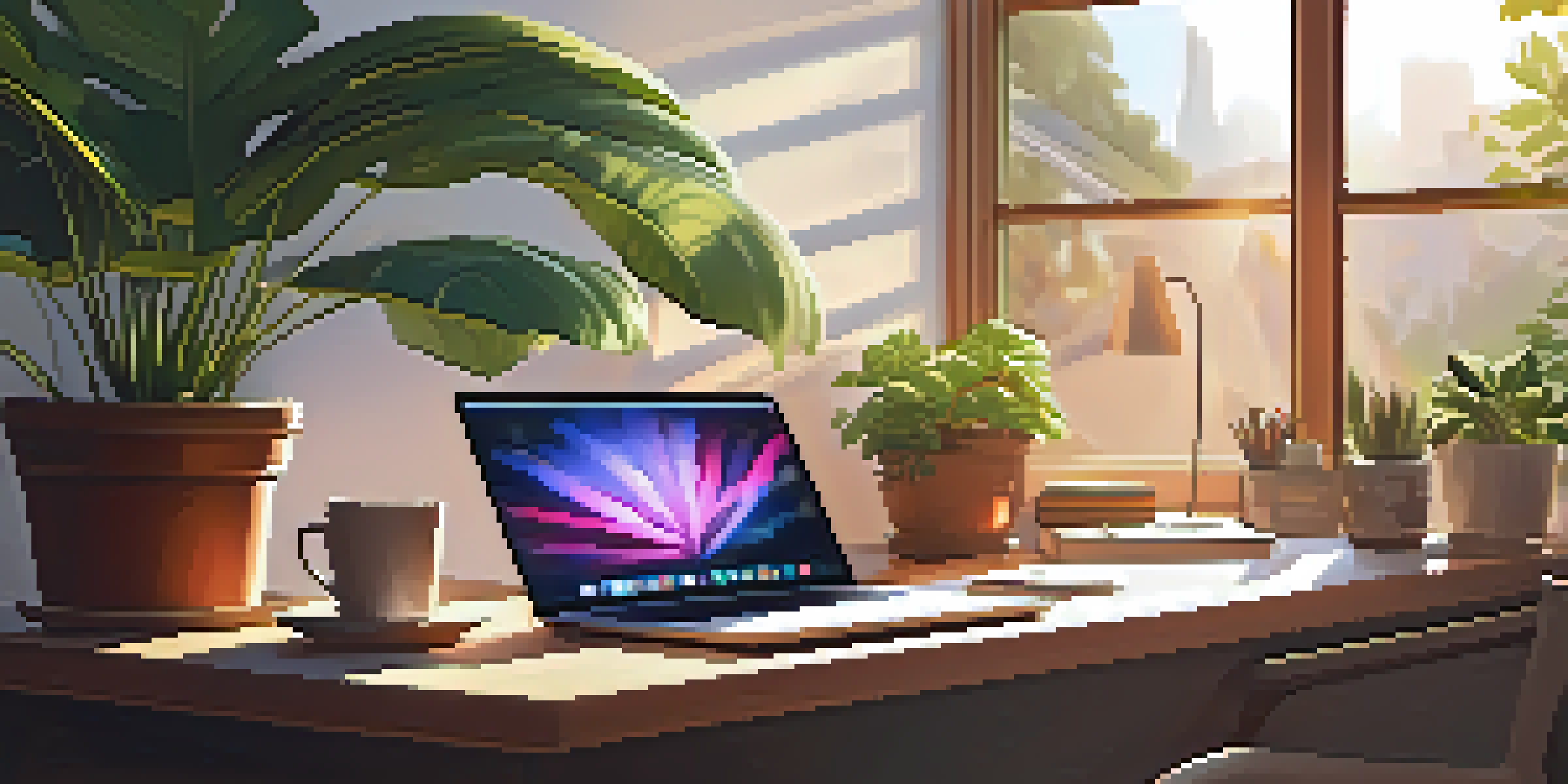 A warm and inviting home office with a laptop on a desk, surrounded by plants and books.