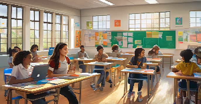 A classroom filled with engaged students collaborating on gamified learning activities, with colorful educational materials visible.