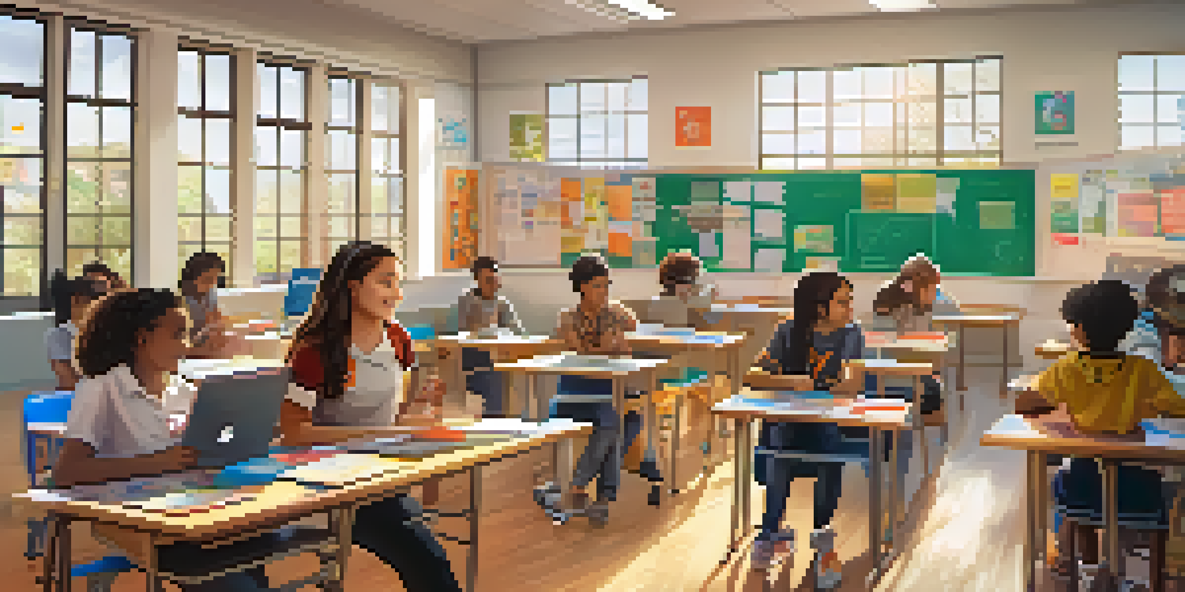 A classroom filled with engaged students collaborating on gamified learning activities, with colorful educational materials visible.