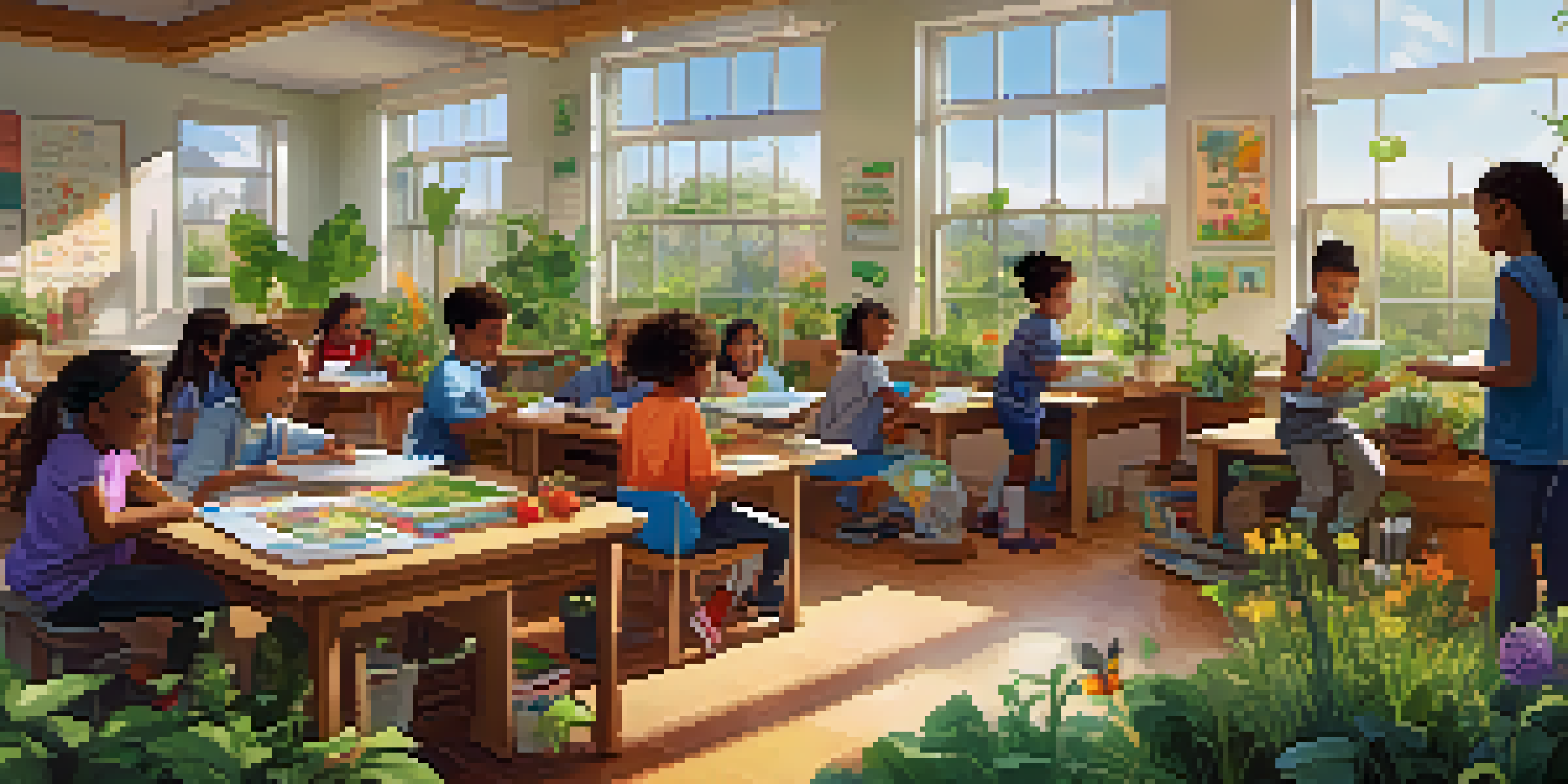 A classroom filled with diverse students working together on a community garden project, surrounded by colorful materials and natural light.