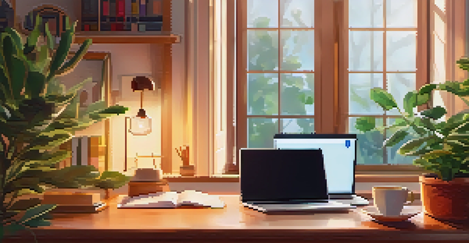 A well-organized desk with a laptop showing an online course, notes, a cup of coffee, and a plant, all in warm lighting.