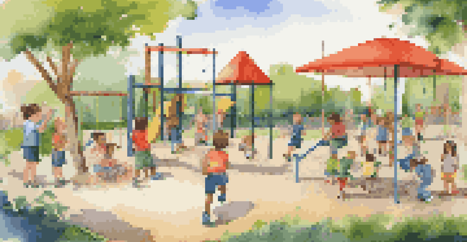 Children playing and collaborating on projects in a colorful outdoor playground with tablets and building blocks.