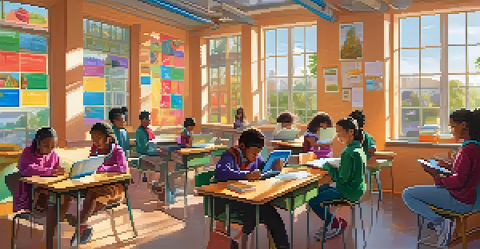 A bright classroom filled with diverse students using technology for adaptive learning, surrounded by cultural posters and natural light.