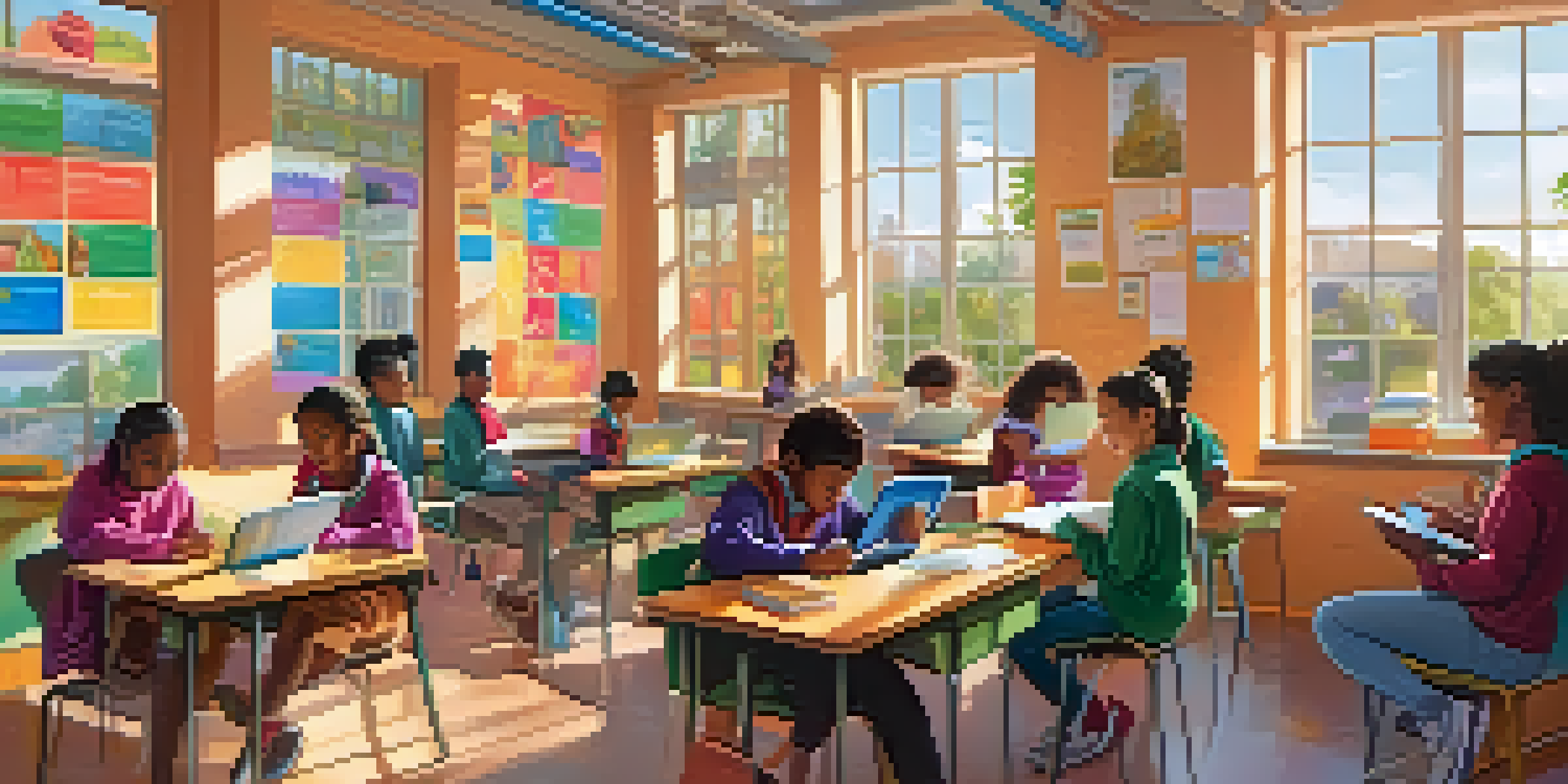 A bright classroom filled with diverse students using technology for adaptive learning, surrounded by cultural posters and natural light.
