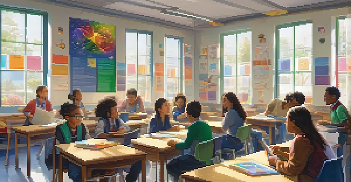 A lively classroom scene with diverse students participating in learning activities, illuminated by sunlight.