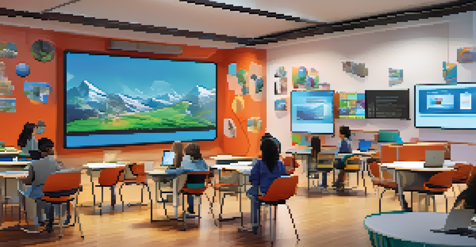 A modern digital classroom with diverse students engaging with technology and interactive content, representing curiosity and global learning.