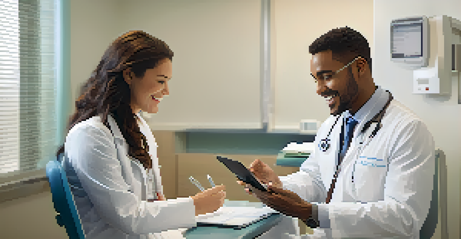 A healthcare provider discussing a health chart with a relaxed patient in an examination room.