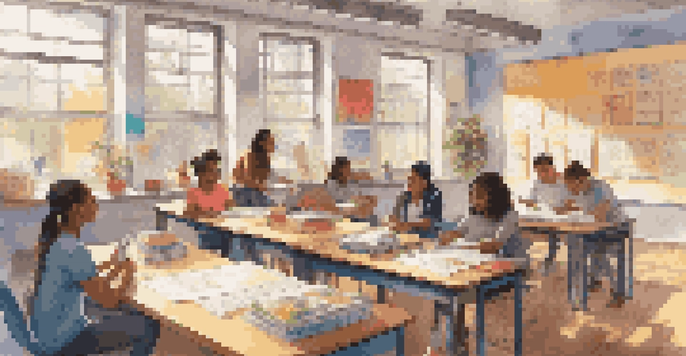 A diverse group of students collaborating in a colorful classroom, surrounded by art supplies and books, engaging in a project.