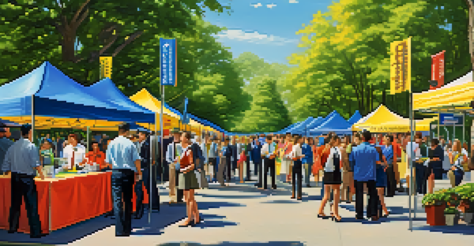 A vibrant outdoor career fair with attendees interacting with recruiters at various booths.