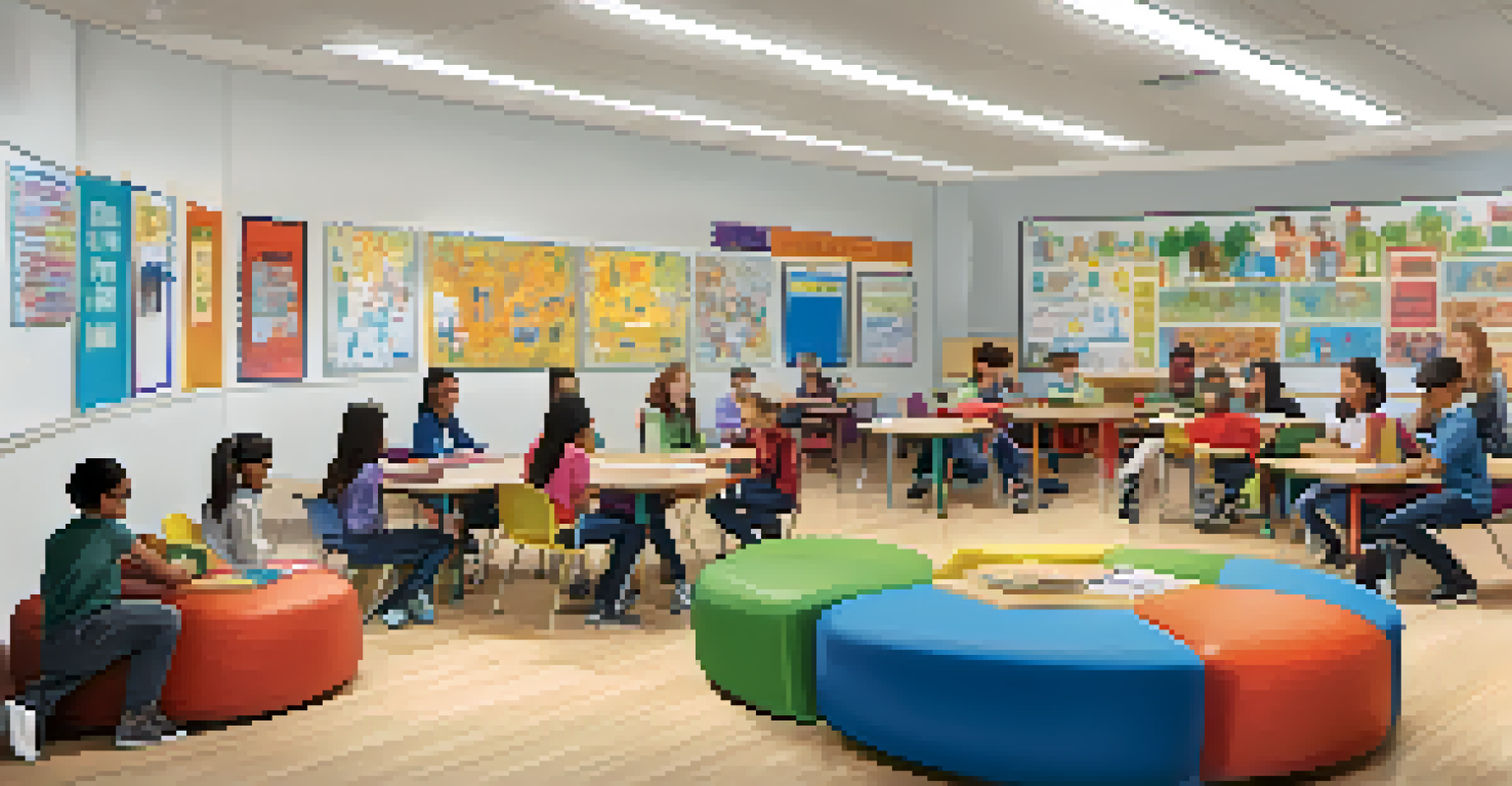 A diverse and inclusive classroom with various seating options, featuring students collaborating with a teacher.