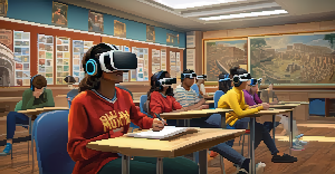 Students in a classroom wearing VR headsets, engaging with a virtual reality simulation of ancient Rome, with colorful educational posters around them.