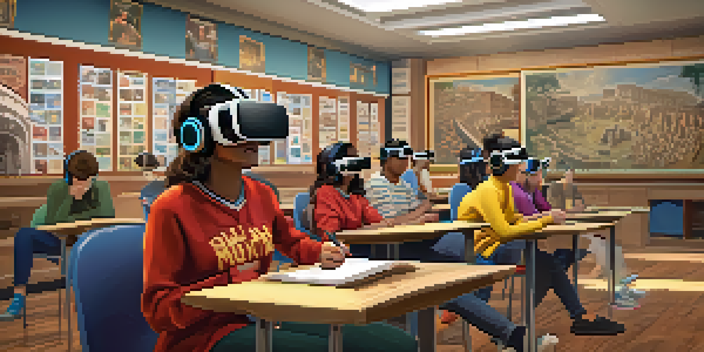 Students in a classroom wearing VR headsets, engaging with a virtual reality simulation of ancient Rome, with colorful educational posters around them.