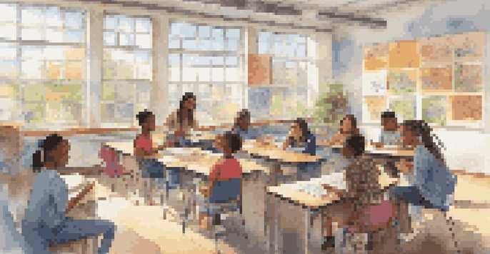 A diverse group of students in a brightly lit classroom, collaborating on a project at a round table, with books and tablets around them.