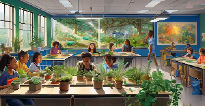 A classroom filled with diverse students working together on an ecosystem project, surrounded by educational posters and materials.