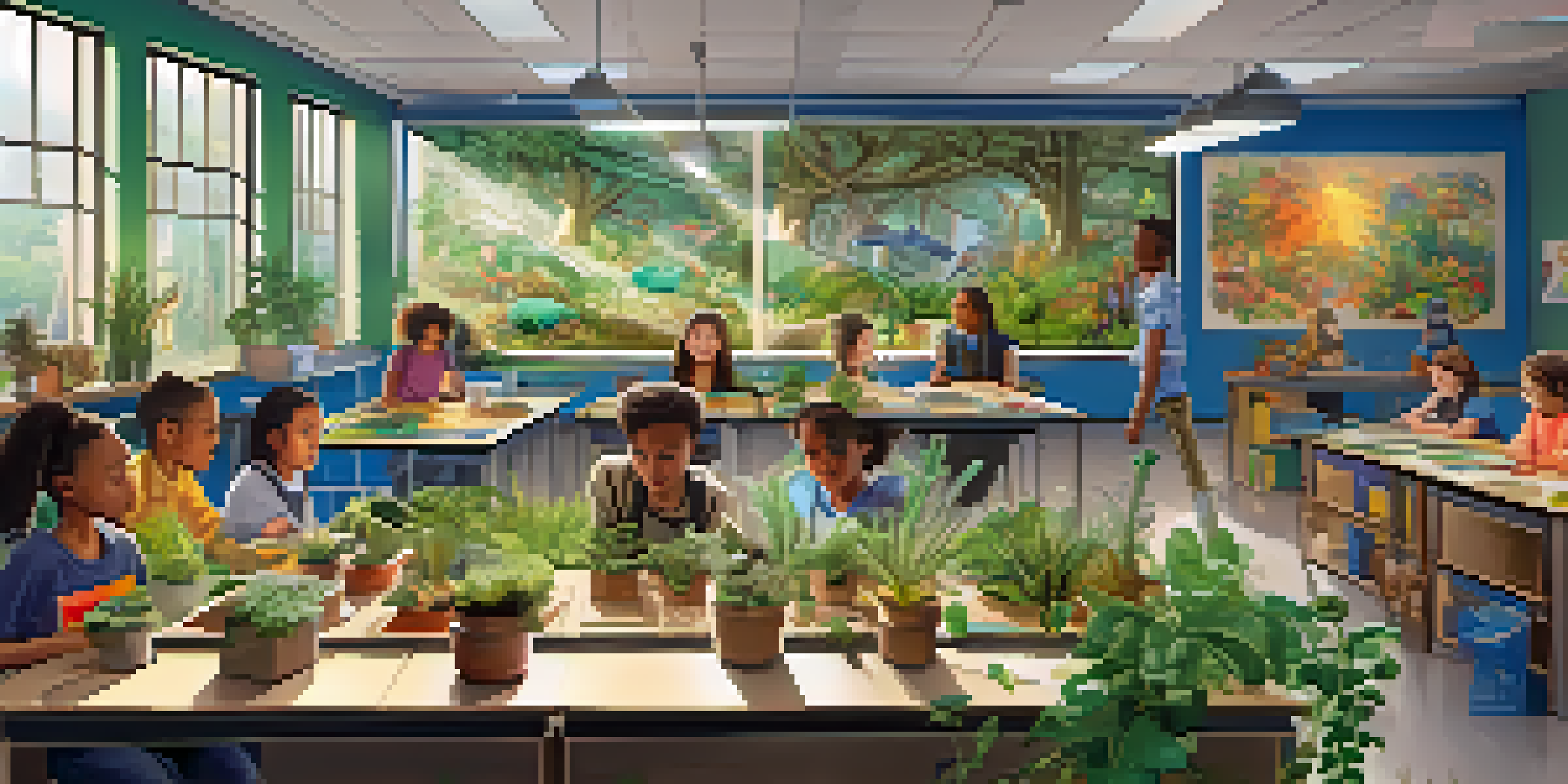 A classroom filled with diverse students working together on an ecosystem project, surrounded by educational posters and materials.
