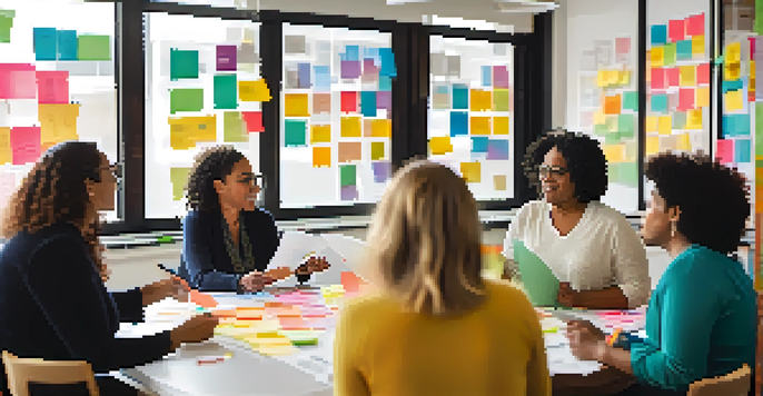 A group of diverse educators participating in a collaborative workshop with bright natural lighting and colorful materials around them.